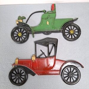 Midwest Cast Iron Wall Decor Ford Model T Green Runabout Vintage Car Plaque Set